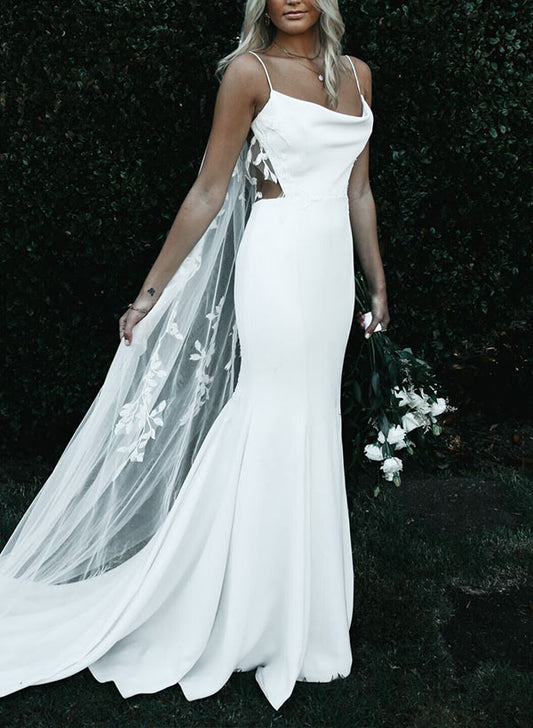 Boho Garden Summer Beach Cowl Neck Sleeveless Court Train Lace Wedding Dresses