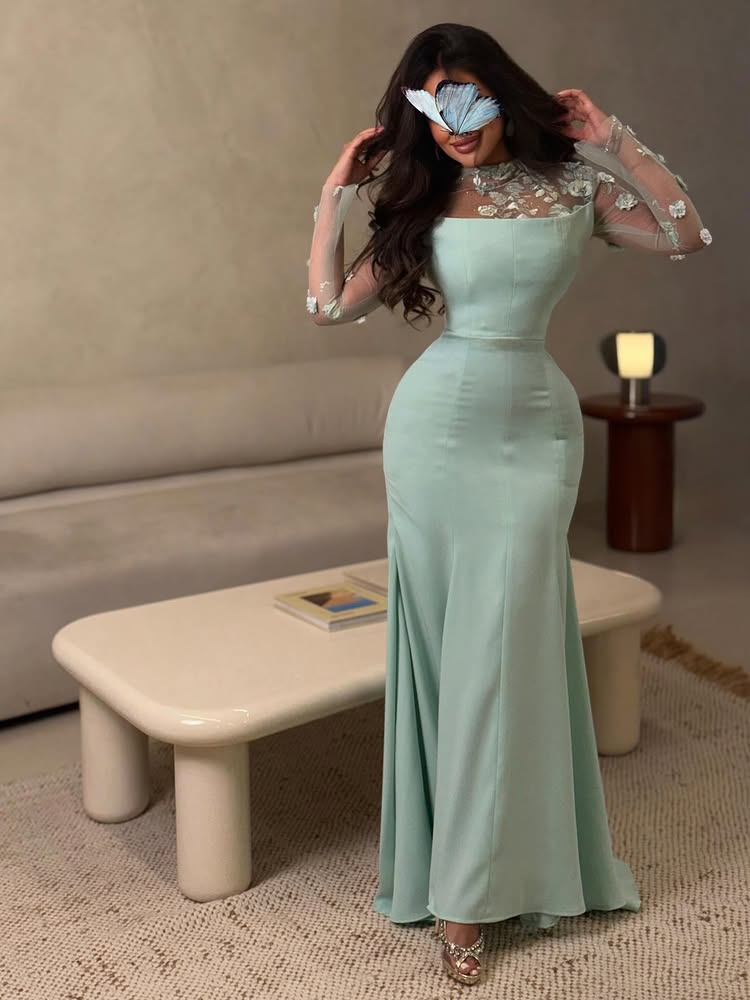 Lace Applique Long Sleeve Flowers Beaded Mermaid Evening Dress