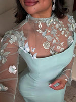 Lace Applique Long Sleeve Flowers Beaded Mermaid Evening Dress