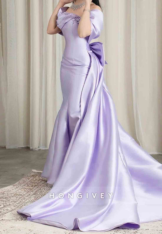 Violet Off the Shoulder A-Line Appliqued Pleated Evening Gowns with Bowknots
