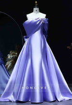 Violet Off the Shoulder A-Line Appliqued Pleated Evening Gowns with Bowknots