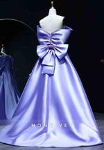 Violet Off the Shoulder A-Line Appliqued Pleated Evening Gowns with Bowknots
