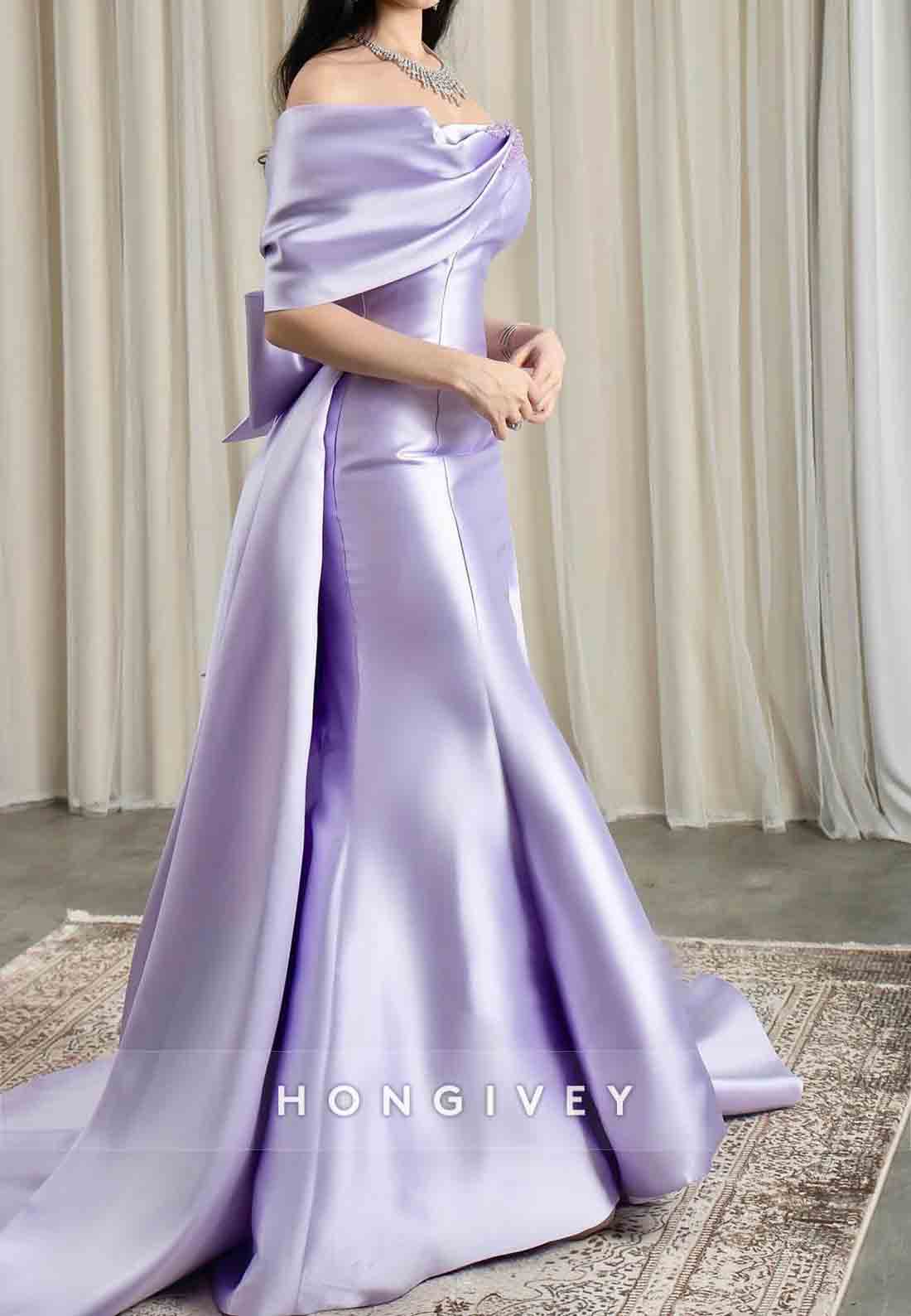 Violet Off the Shoulder A-Line Appliqued Pleated Evening Gowns with Bowknots