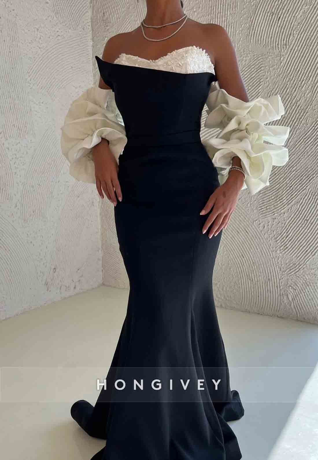 Black Strapless Sweetheart Floor-Length Trumpet Evening Gowns with Sleeves