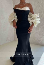 Black Strapless Sweetheart Floor-Length Trumpet Evening Gowns with Sleeves