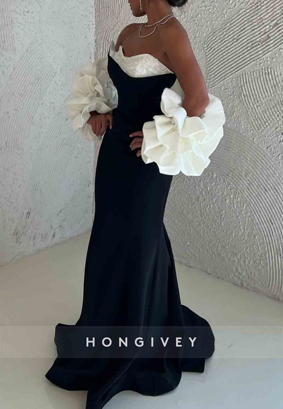 Black Strapless Sweetheart Floor-Length Trumpet Evening Gowns with Sleeves
