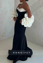 Black Strapless Sweetheart Floor-Length Trumpet Evening Gowns with Sleeves