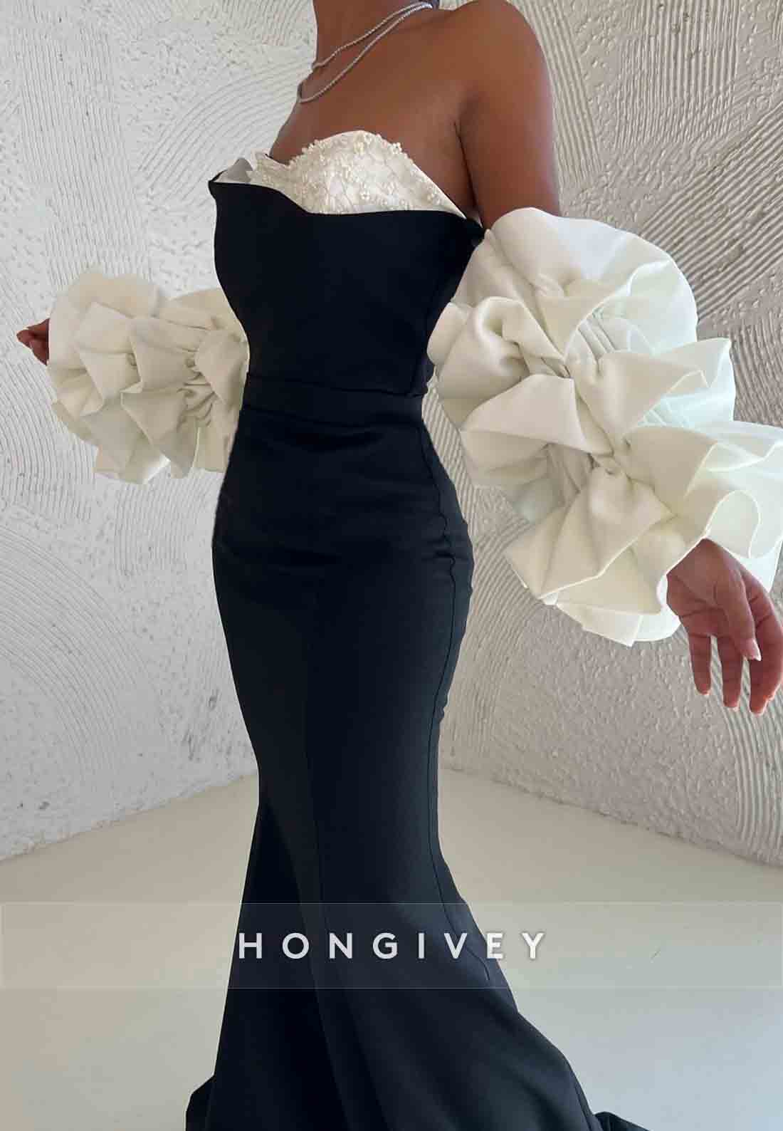 Black Strapless Sweetheart Floor-Length Trumpet Evening Gowns with Sleeves