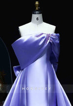 Violet Off the Shoulder A-Line Appliqued Pleated Evening Gowns with Bowknots