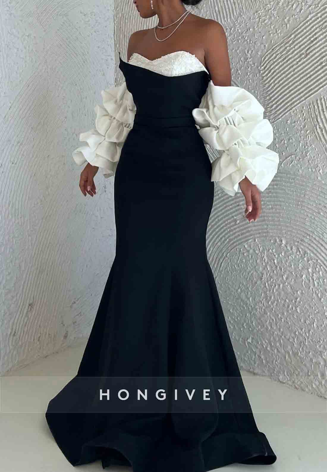 Black Strapless Sweetheart Floor-Length Trumpet Evening Gowns with Sleeves
