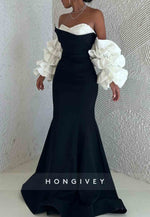 Black Strapless Sweetheart Floor-Length Trumpet Evening Gowns with Sleeves