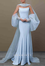 Spaghetti Straps Floor-Length Low Back Trumpet Evening Gowns with Beading Sleeves