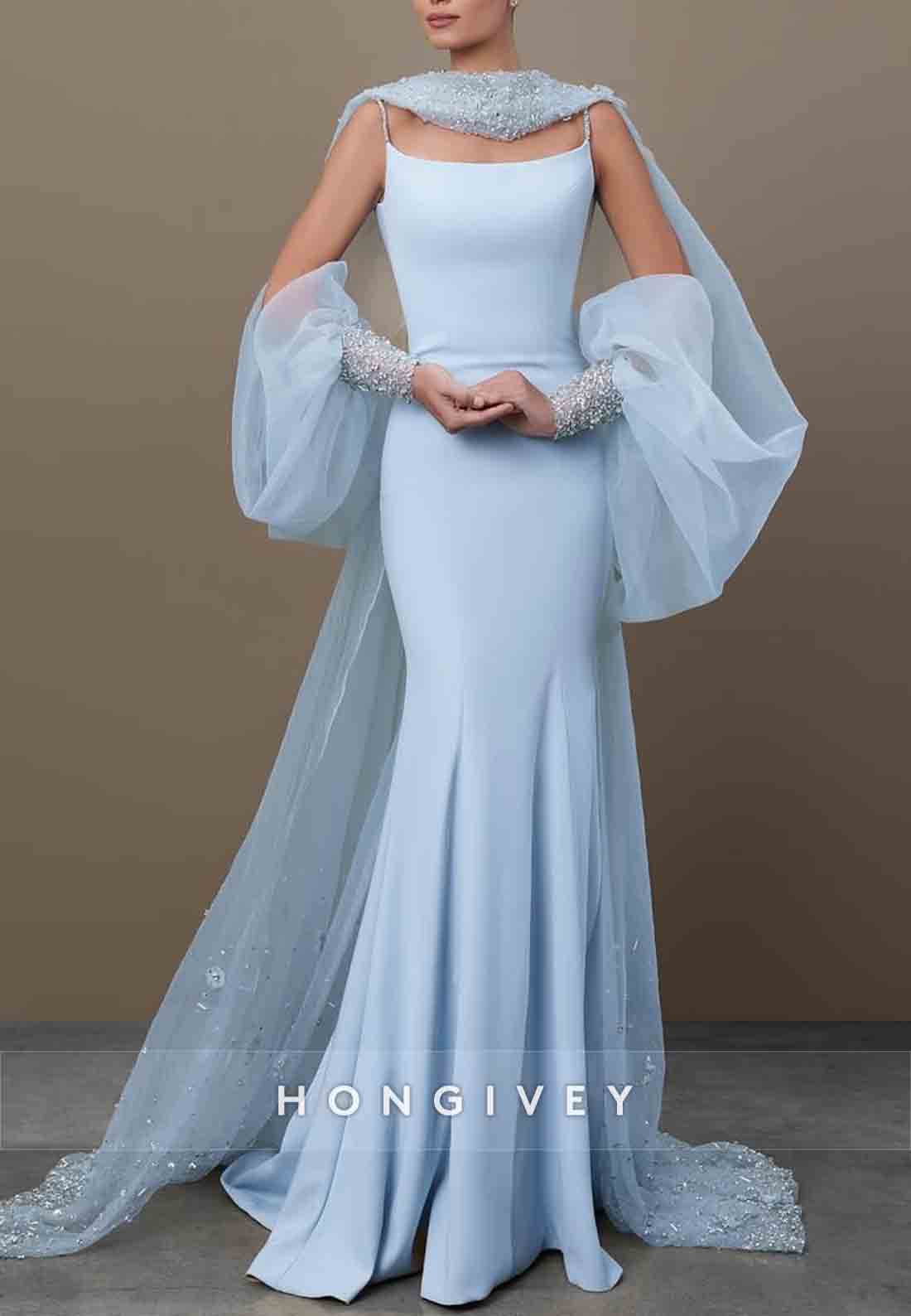 Spaghetti Straps Floor-Length Low Back Trumpet Evening Gowns with Beading Sleeves