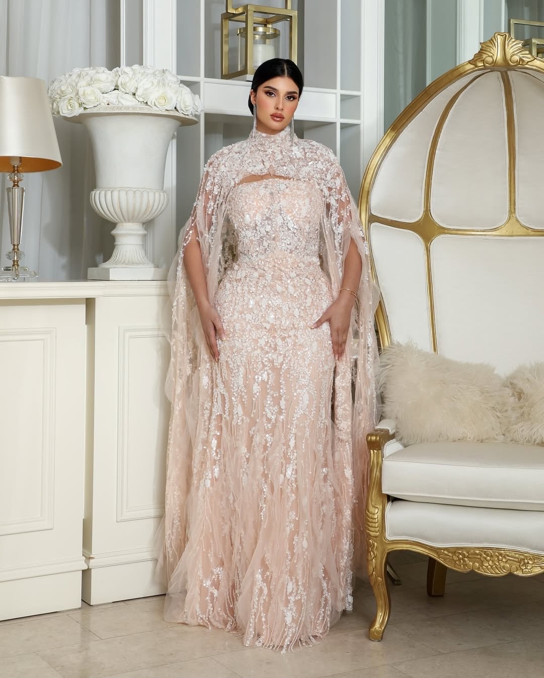 Luxury High Neck Cape Sleeve A-Line Sequins Sparkle Floraml Women Evening Dress