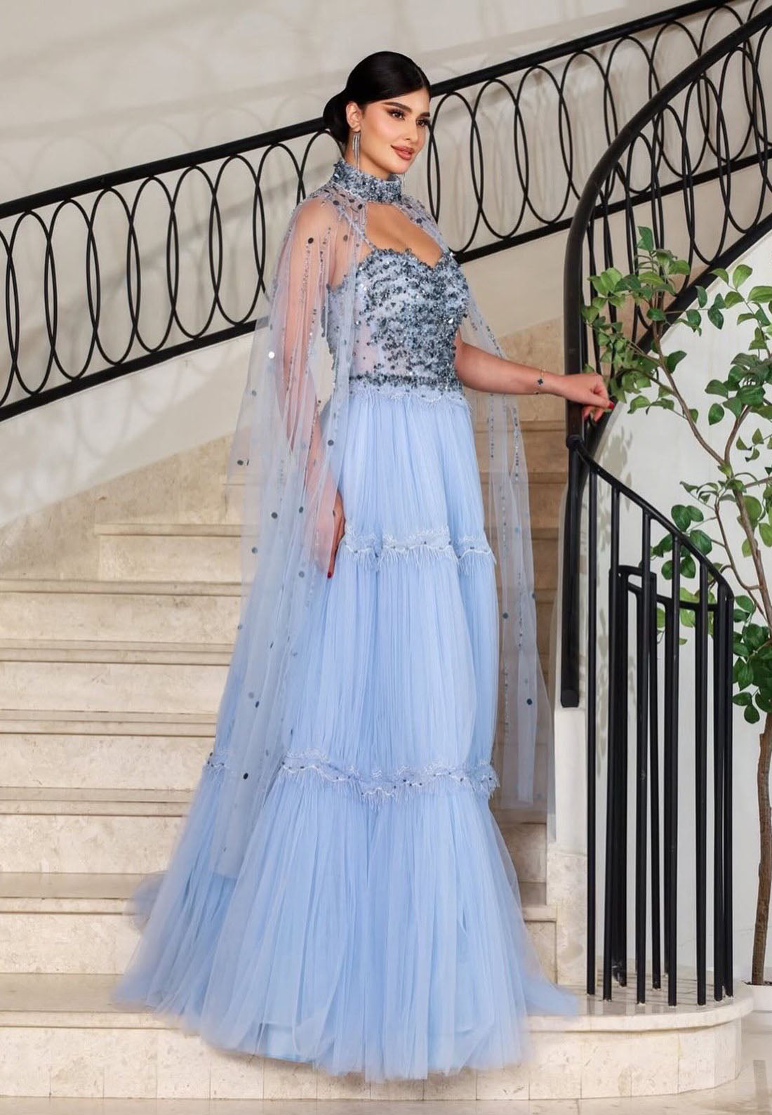 Luxury Blue Beaded Shawl Tulle A-Line Sparkle Evening Dress
