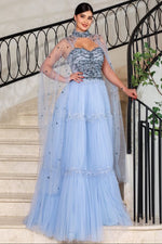 Luxury Blue Beaded Shawl Tulle A-Line Sparkle Evening Dress