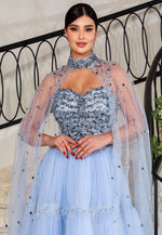 Luxury Blue Beaded Shawl Tulle A-Line Sparkle Evening Dress