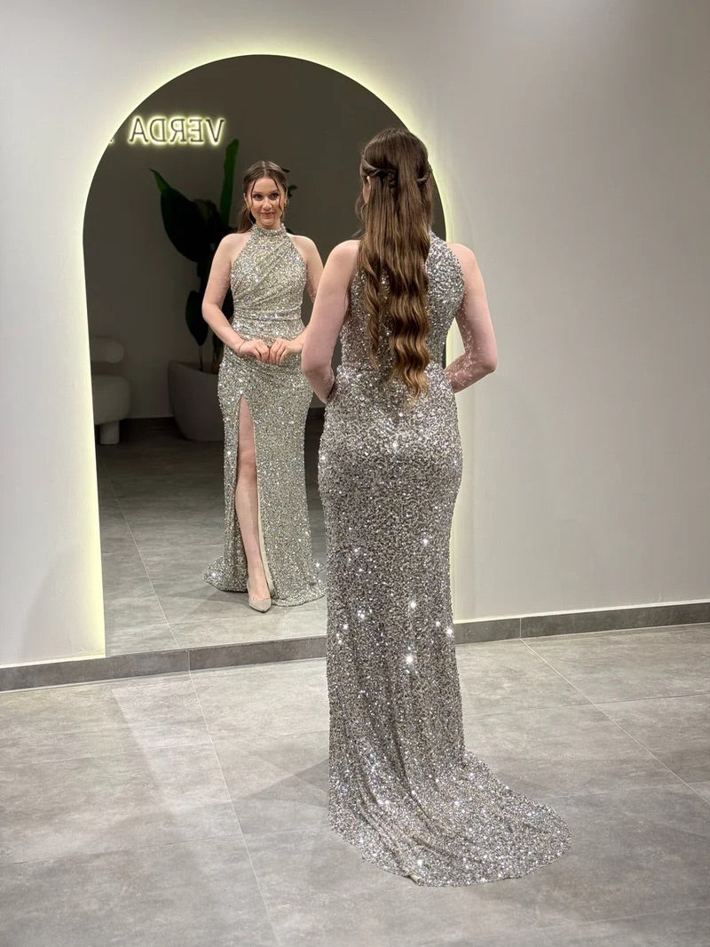 Glitter High Neck Sleeveless Mermaid Sequins Sparkle Side Slit Evening Dress