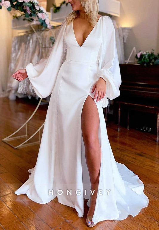 High Slit V Back Pleated Long Sleeve A-line Chapel Train V Neck Boho Wedding Dresses