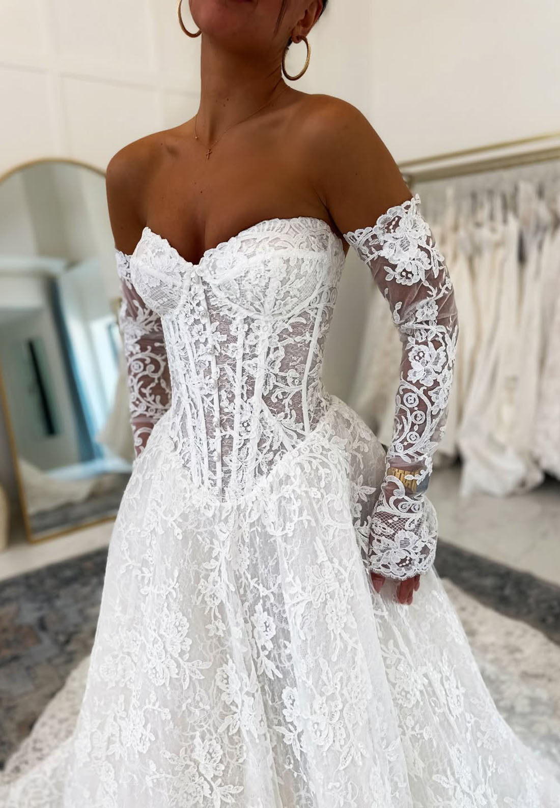 Off the Shoulder Lace Long Sleeve A-Line Women Wedding Dress Floor-Length