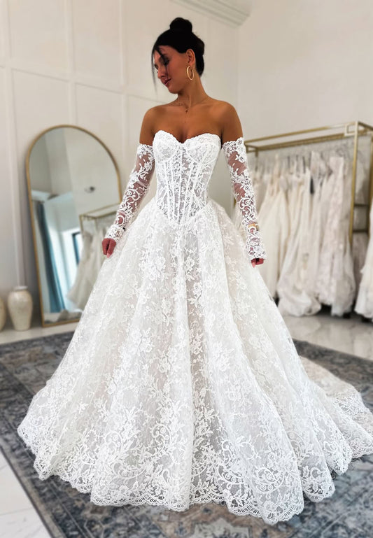 Off the Shoulder Lace Long Sleeve A-Line Women Wedding Dress Floor-Length