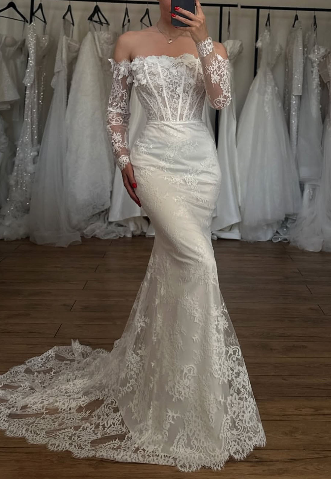 Off the Shoulder Lace Bridal Dresses Long Sleeves Mermaid Wedding Dresses