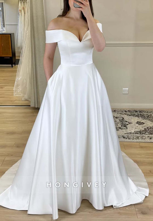 Simple Court Train A-line Satin Off the Shoulder V Back Pleated Wedding Dresses