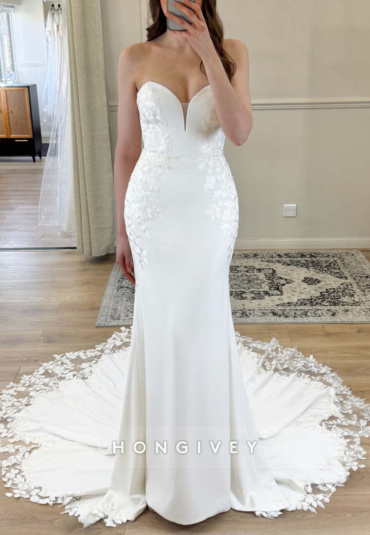 Pleated Strapless Chapel Train Watteau Train Mermaid Wedding Dresses