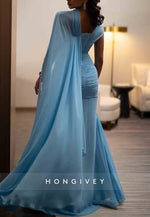 Side Draping Blue Column Floor-Length Evening Gowns with Side Slit