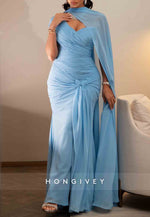 Side Draping Blue Column Floor-Length Evening Gowns with Side Slit