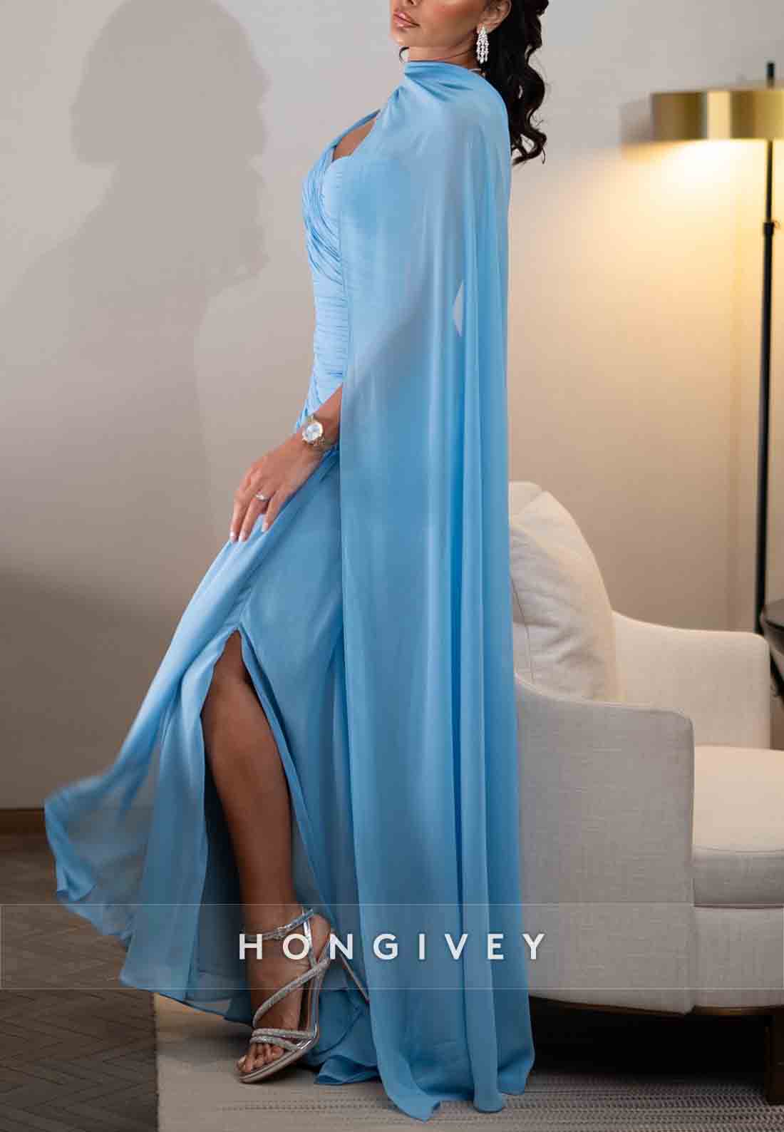Side Draping Blue Column Floor-Length Evening Gowns with Side Slit