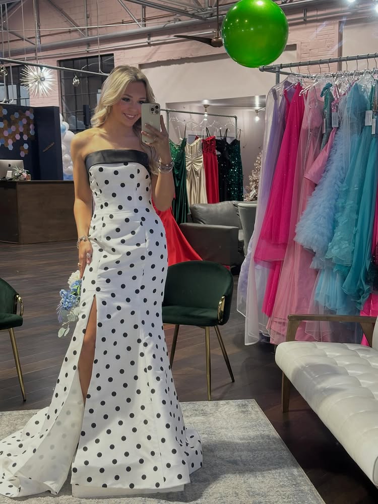 Polka Dot Strapless Sleeveless Mermaid Side Slit Floor-Length Prom Dress