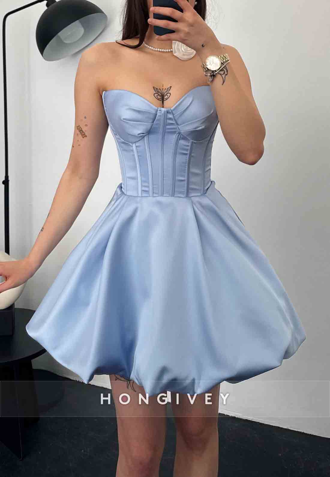 Strapless Tie Back Pleated Satin Princess Short Homecoming Dresses