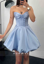 Strapless Tie Back Pleated Satin Princess Short Homecoming Dresses