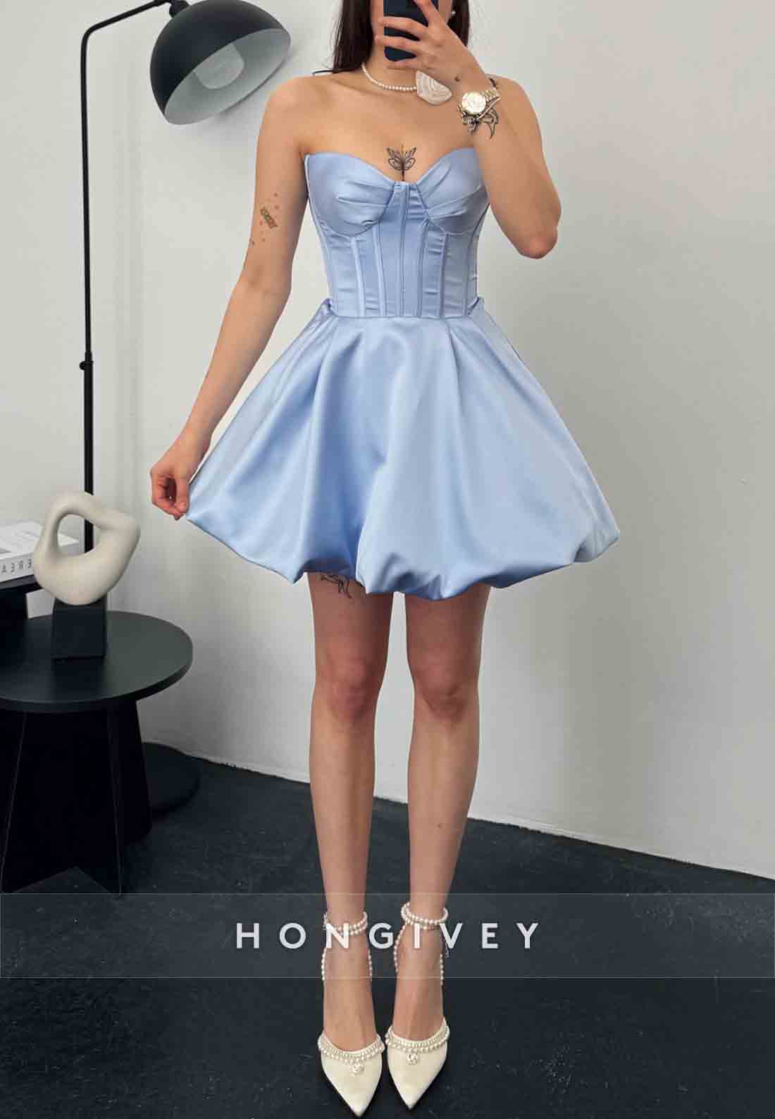 Strapless Tie Back Pleated Satin Princess Short Homecoming Dresses