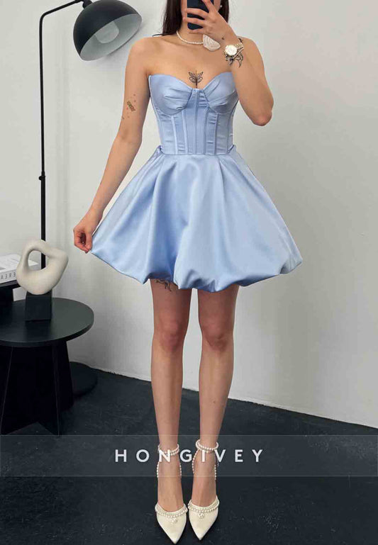 Strapless Tie Back Pleated Satin Princess Short Homecoming Dresses