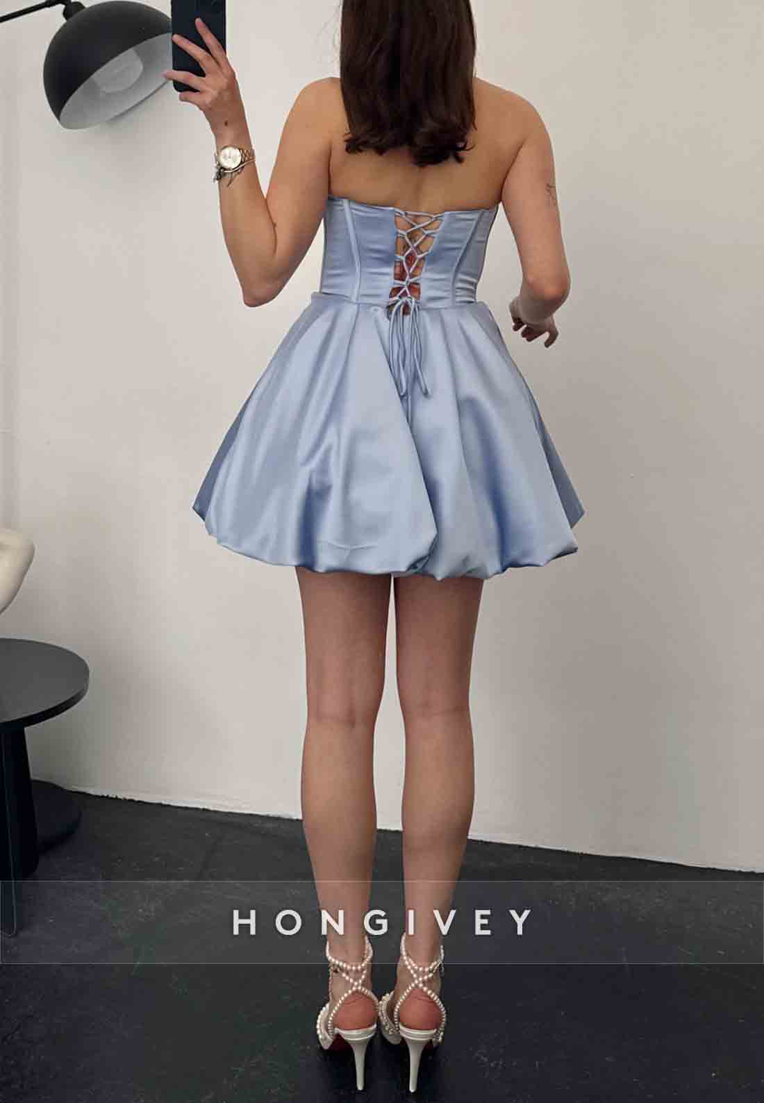 Strapless Tie Back Pleated Satin Princess Short Homecoming Dresses