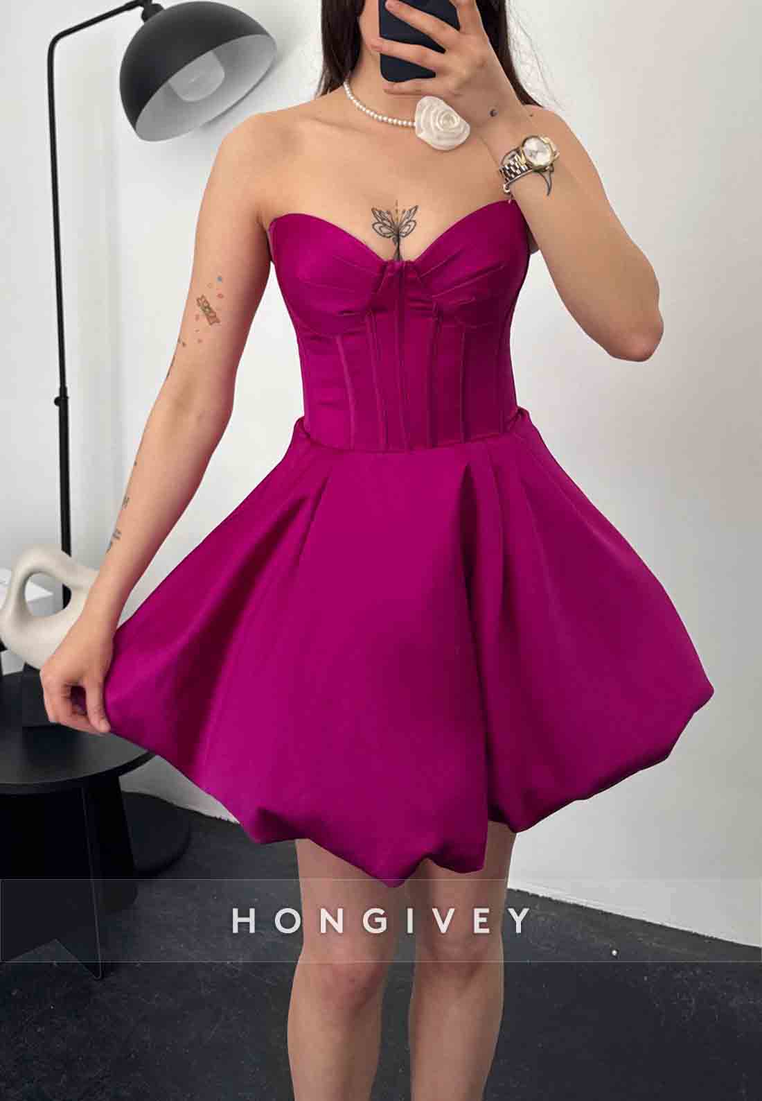 Strapless Tie Back Pleated Satin Princess Short Homecoming Dresses