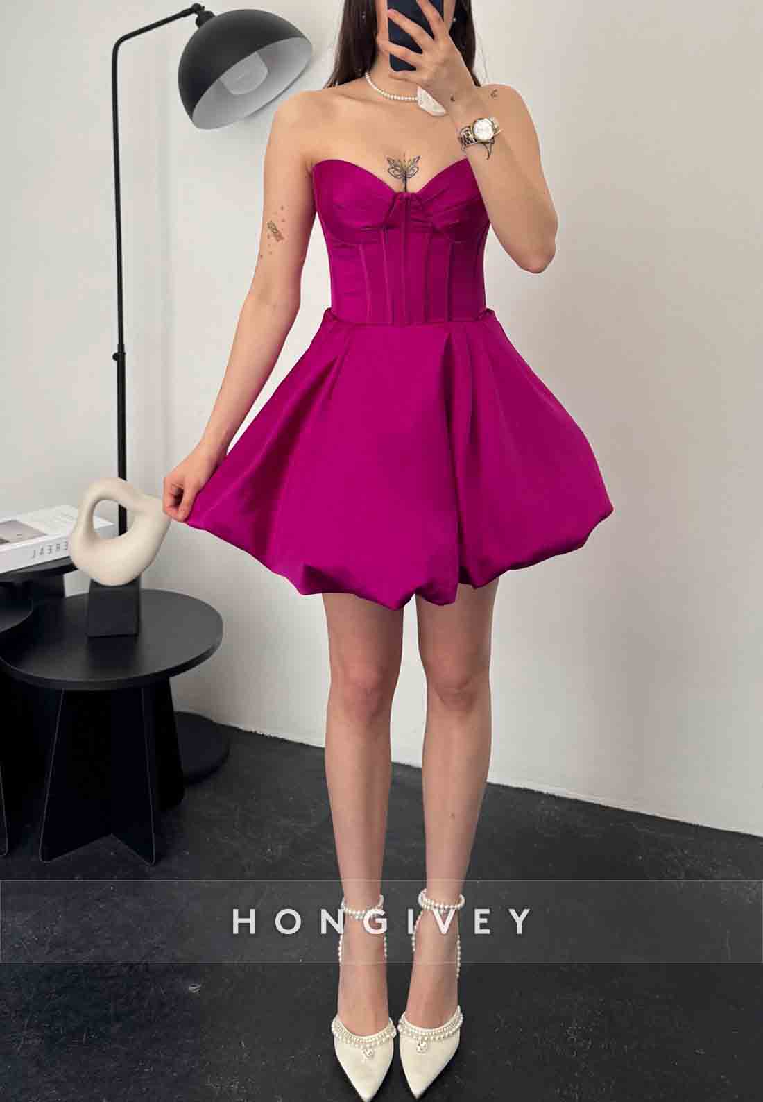 Strapless Tie Back Pleated Satin Princess Short Homecoming Dresses