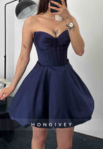 Strapless Tie Back Pleated Satin Princess Short Homecoming Dresses