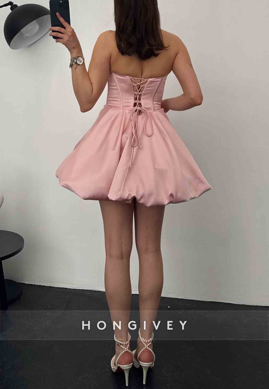 Strapless Tie Back Pleated Satin Princess Short Homecoming Dresses