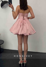 Strapless Tie Back Pleated Satin Princess Short Homecoming Dresses