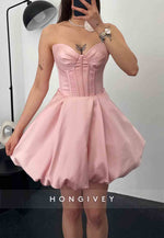 Strapless Tie Back Pleated Satin Princess Short Homecoming Dresses