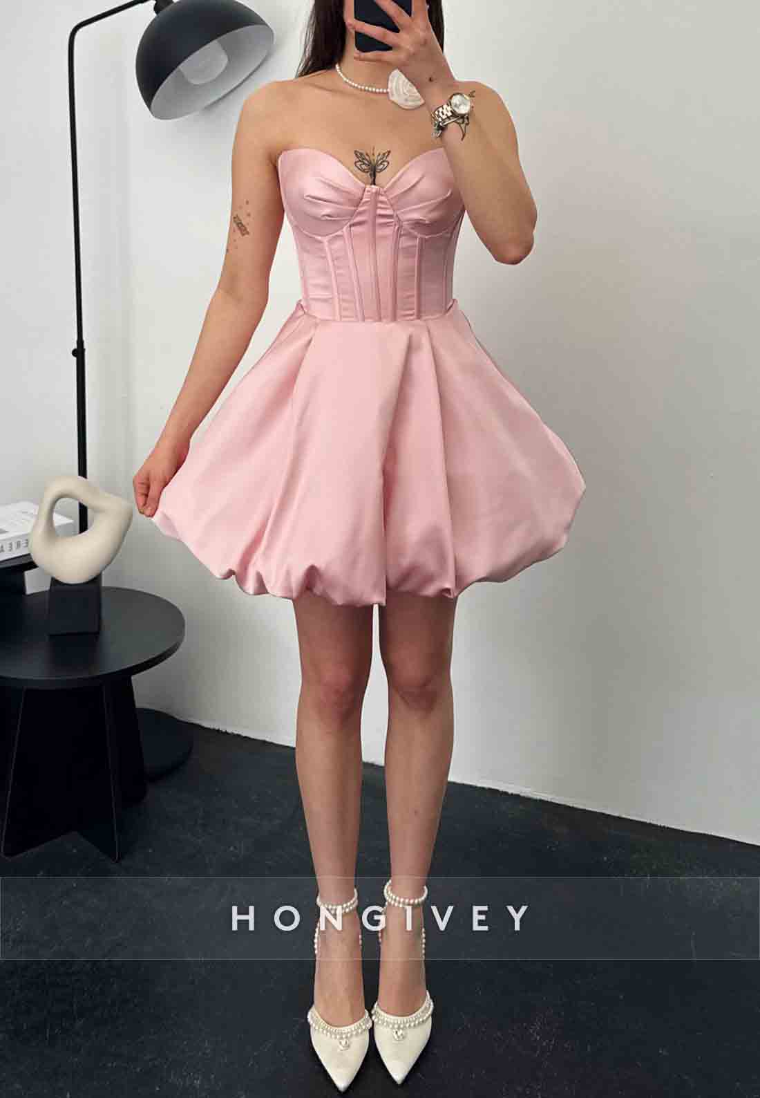 Strapless Tie Back Pleated Satin Princess Short Homecoming Dresses