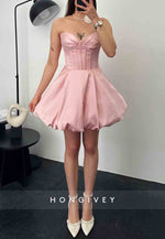 Strapless Tie Back Pleated Satin Princess Short Homecoming Dresses
