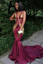 Burgundy V-Neck Prom Dress Mermaid Evening Dress