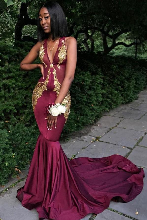Burgundy V-Neck Prom Dress Mermaid Evening Dress