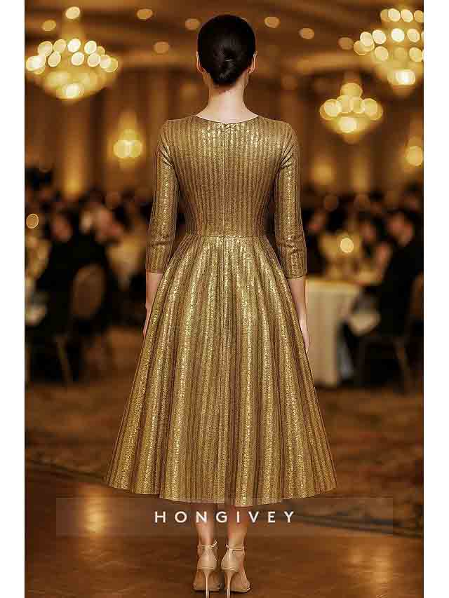 Glod O-Neck 3/4 Sleeve A-Line Tea-Lenght Evening dress