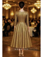 Glod O-Neck 3/4 Sleeve A-Line Tea-Lenght Evening dress