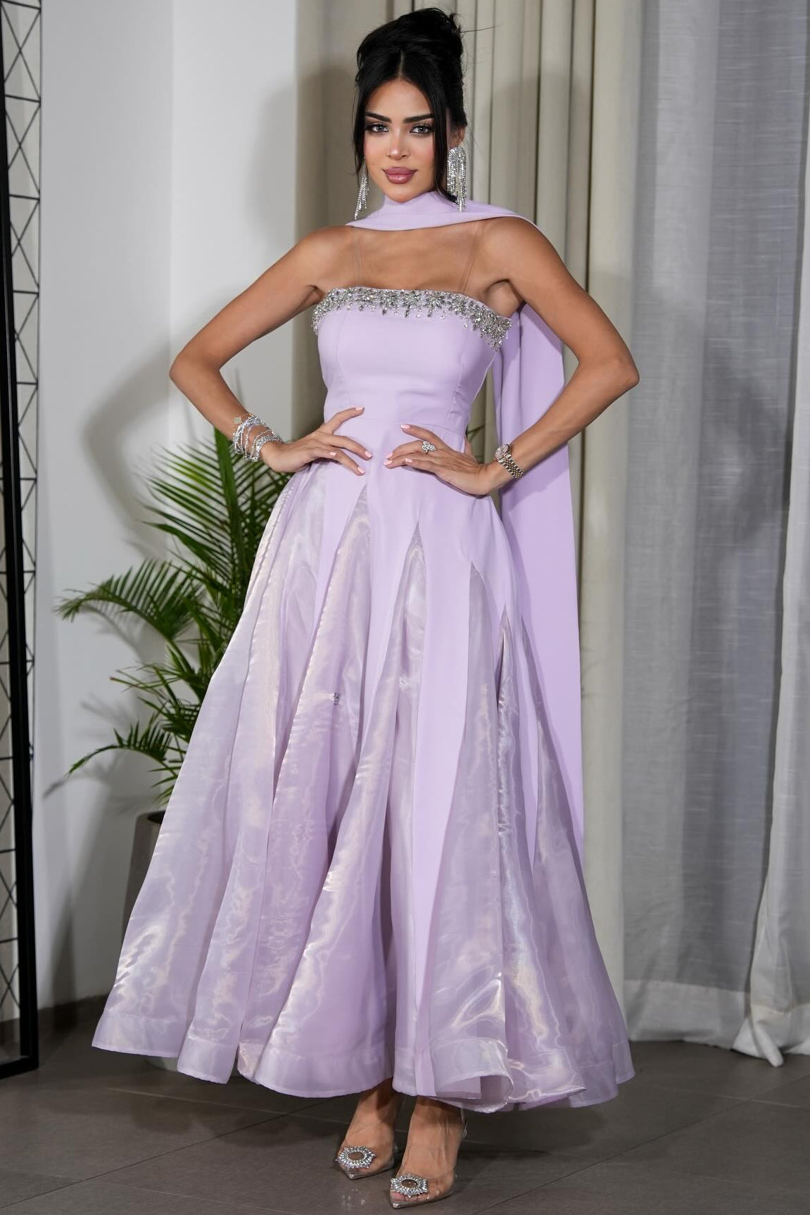 Beaded Strapless Sleeveless Shawl A-Line Ankle-Length Evening Dress